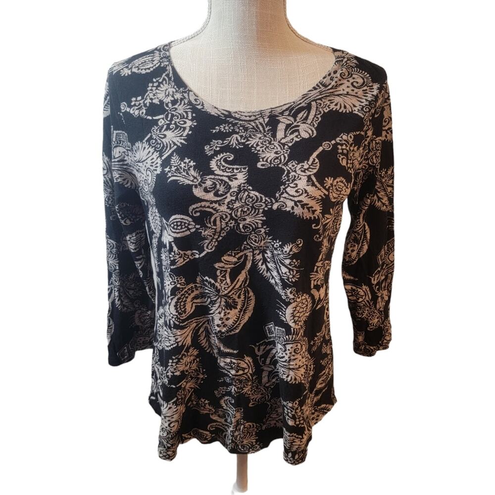 Lucky Brand Black and White Paisley 3/4 Sleeve Bohemian Print Top Size M